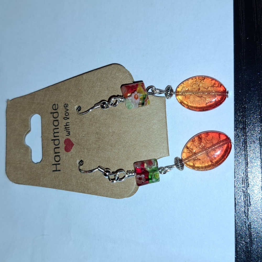 Millefiori & Orange Crackle Glass Bead Earrings 925 Silver Over Sterling Hooks